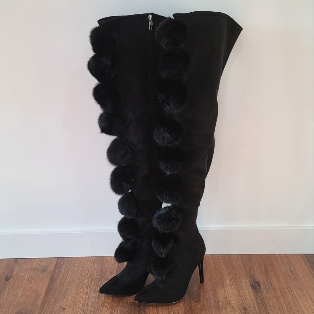 Cape Robbin Pom Pom Over the Knee Black Boots for Women